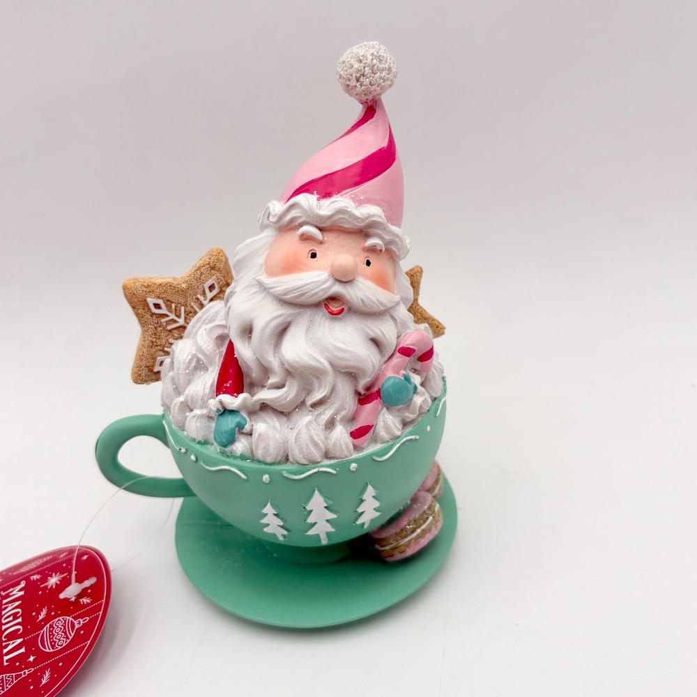 Santa in Teacup Christmas Whimsy Pastel Figurine Ornament Holiday Decoration